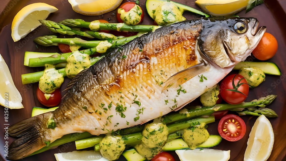 A delectable food photograph of a freshly cooked barramundi fish A delectable food photograph of a freshly cooked barramundi fish