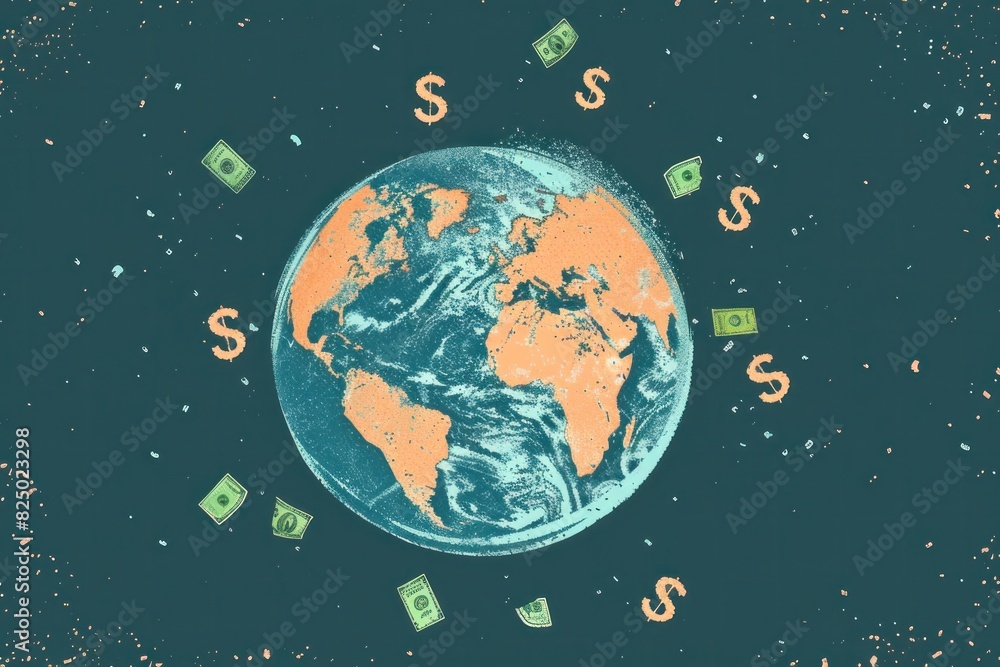 A globe with a bunch of money flying around it. The globe is surrounded by a blue background A globe with a bunch of money flying around it. The globe is surrounded by a blue background