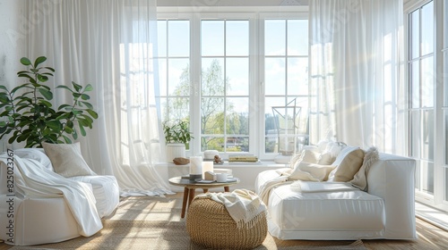 A bright and airy living room with large windows  white furniture  and light  flowing curtains billowing in the breeze.