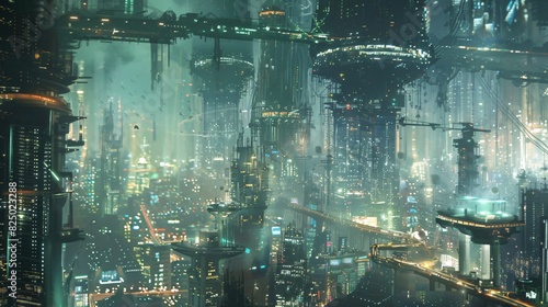 a futuristic city with skyscrapers and bright lights. 