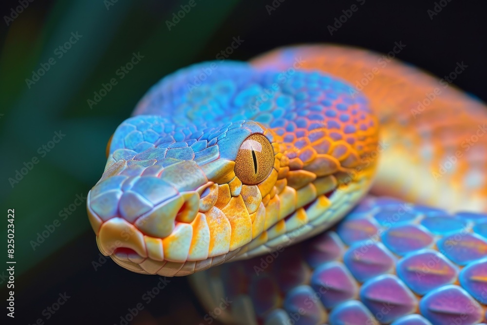 Fototapeta premium Macro shot capturing the intricate scales and hypnotic eye of a vibrant python
