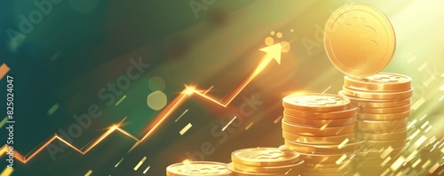 Illustration of a golden coin stack with a rising arrow to signify profit. photo
