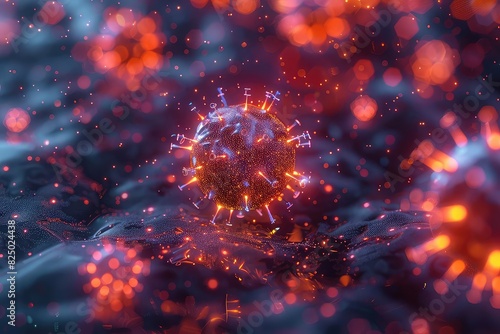 Epidemic particles infecting a computer system, Glowing Wireframe, SciFi Style, Dark Background, Illustration, Highlighting cyber epidemics