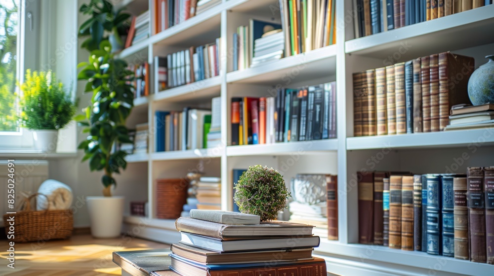 A clean and orderly bookshelf with a few carefully chosen books and decorative objects, showcasing a curated collection and a love for simplicity. A clean and orderly bookshelf with a few carefully chosen books and decorative objects, showcasing a curated collection and a love for simplicity.