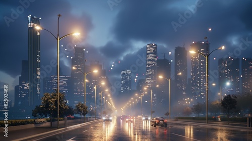 A dynamic cityscape illuminated by AI-powered smart streetlights that adjust brightness based on pedestrian and vehicular traffic. 32k, full ultra HD, high resolution photo