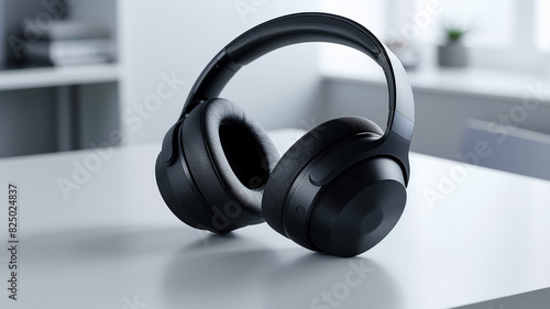 Black over-ear headphones placed on a white surface © SashaMagic