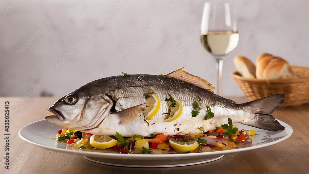 A delectable food photograph of a freshly cooked barramundi fish A delectable food photograph of a freshly cooked barramundi fish