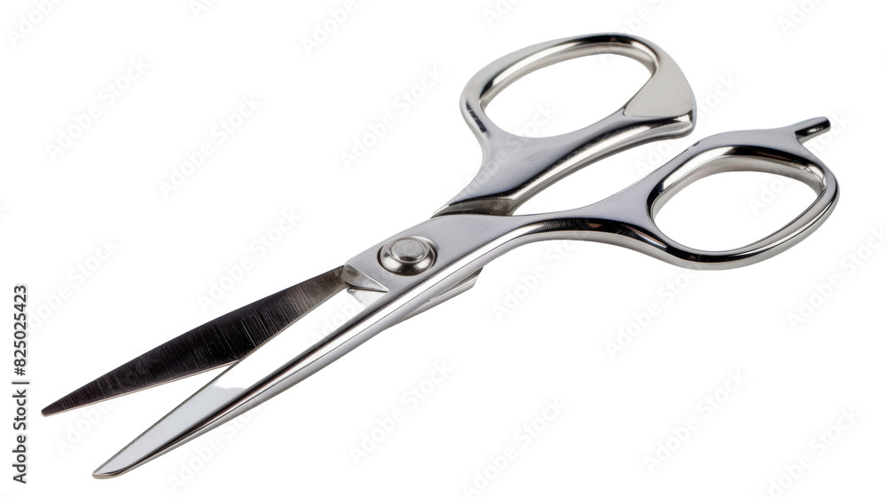 Obraz premium A pair of metal scissors with black handles, displayed on a plain white background