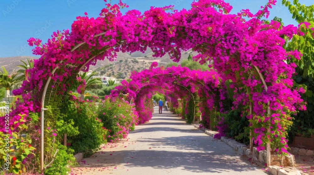 Beautiful rose garden with arches and walkways, full of blooming roses in various colors. Blooming flowers, green leaves, clear sky, people walking along the path, natural scenery.