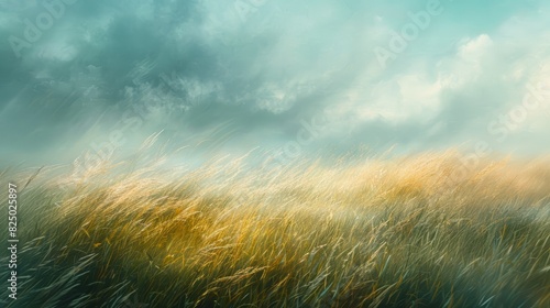 A gentle breeze blowing through a field of tall grass, creating subtle movement and a peaceful, natural atmosphere. photo