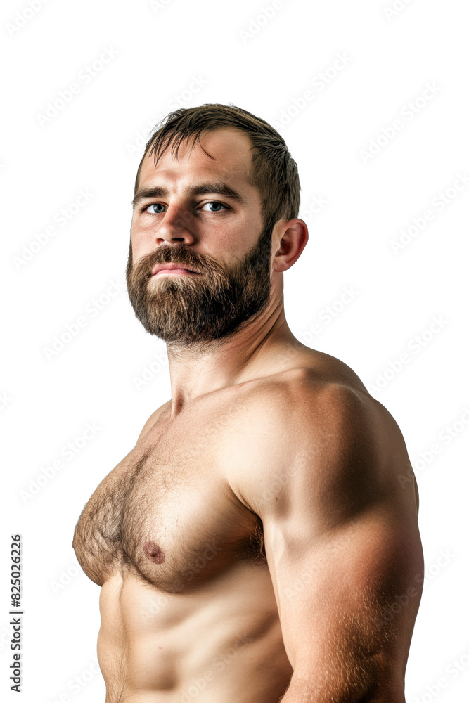 Bearded Muscular Man Posing Shirtless in Profile Bearded Muscular Man Posing Shirtless in Profile
