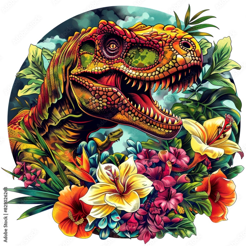 illustration art t rex in circle  isolate white background