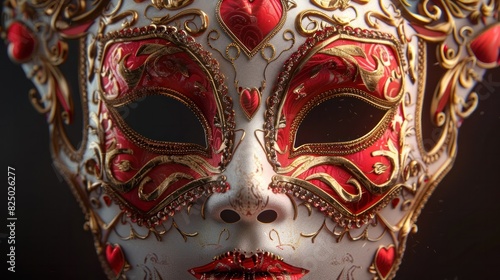 Intricate HeartThemed Venetian Carnival Mask in Red and Gold A Captivating Symbol of Love and Festivity