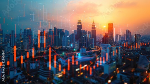 Market behavior graph hologram, sunset panoramic city view AI generated