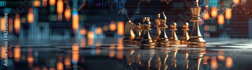 Chess board with chess pieces on it, background of stock market charts in the style of light bronze and navy blue, vray tracing, chesslike figures, stock photo, symmetrical grid, blurry details photo