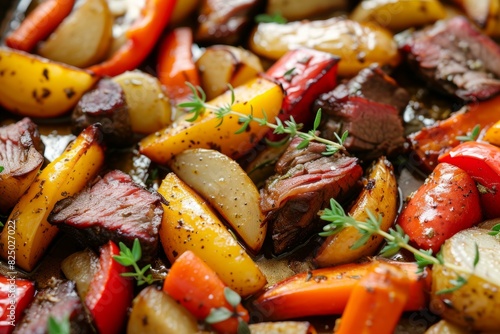High-resolution image showcasing succulent roasted beef and colorful vegetables, seasoned with fresh herbs