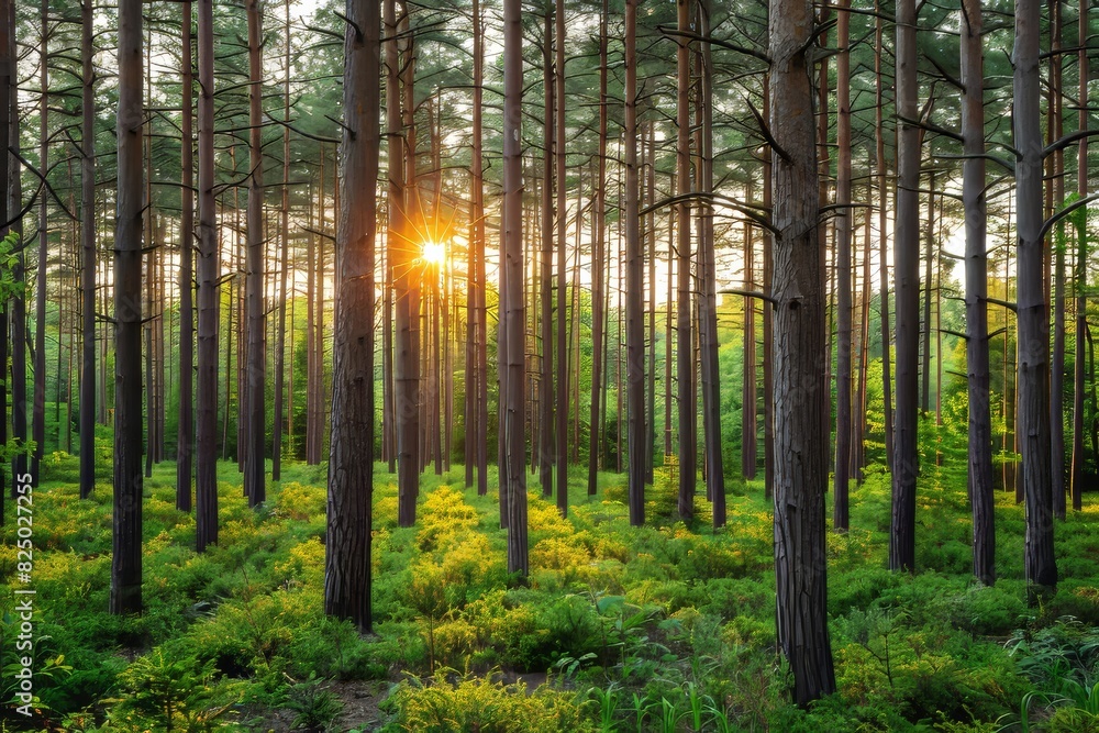 Naklejka premium Sun Shining Through Trees in Forest