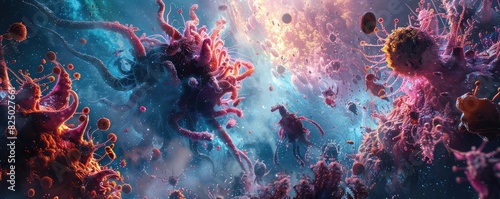 Fantasy depiction of a body under attack by HIV creatures, Fantasy, Vivid Colors, Illustration, Showcasing internal battle