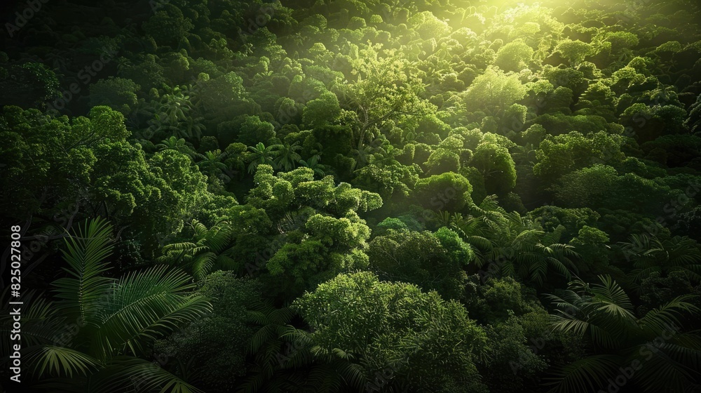 Aerial view of lush green tropical rainforest basking in sunlight, highlighting the dense foliage and vibrant greenery. Aerial view of lush green tropical rainforest basking in sunlight, highlighting the dense foliage and vibrant greenery.