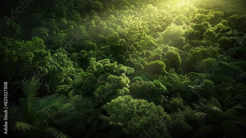Aerial view of lush green tropical rainforest basking in sunlight, highlighting the dense foliage and vibrant greenery.