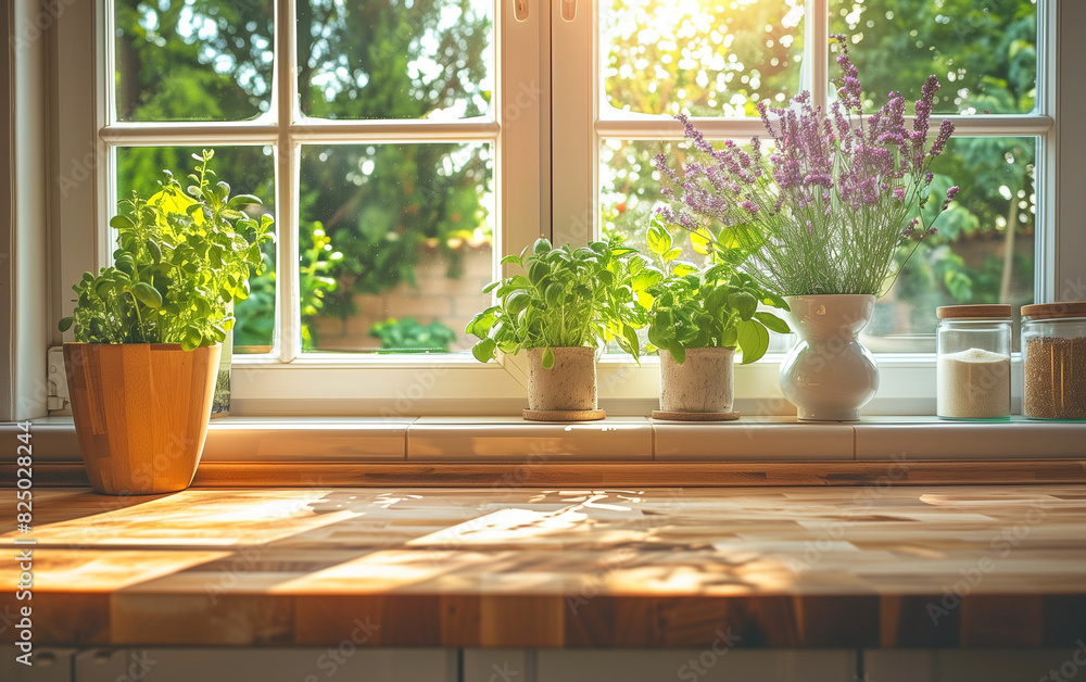 Kitchen Interior: Wooden Countertop (Background is Window and Plants) Kitchen Interior: Wooden Countertop (Background is Window and Plants)