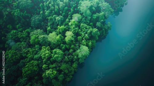 Aerial view of lush green forest bordering a calm blue lake, showcasing the beauty of nature in harmony. photo