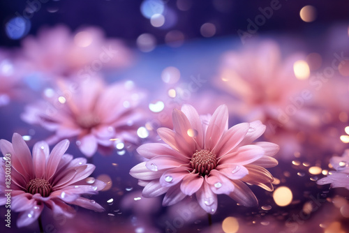 Pink flowers floating in the air. Background with selective focus and copy space