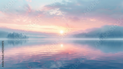 A peaceful sunrise over a calm lake, with soft pastel colors and a misty horizon, evoking a sense of purity and tranquility. photo