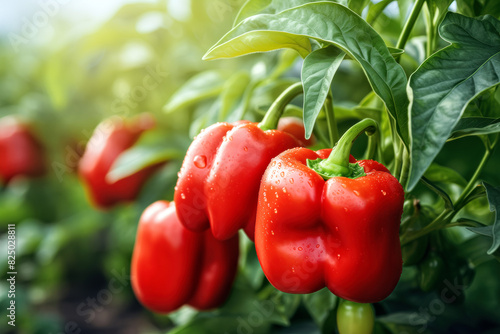 Group of red peppers growing on plant. Blurred background with copy space