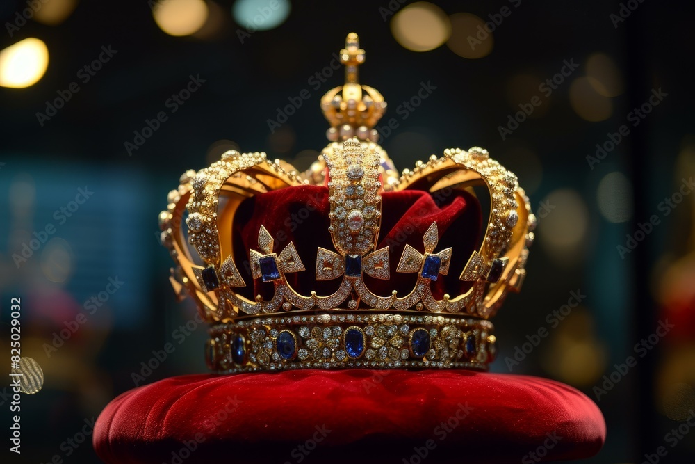 Majestic golden crown adorned with jewels rests on a red velvet cushion