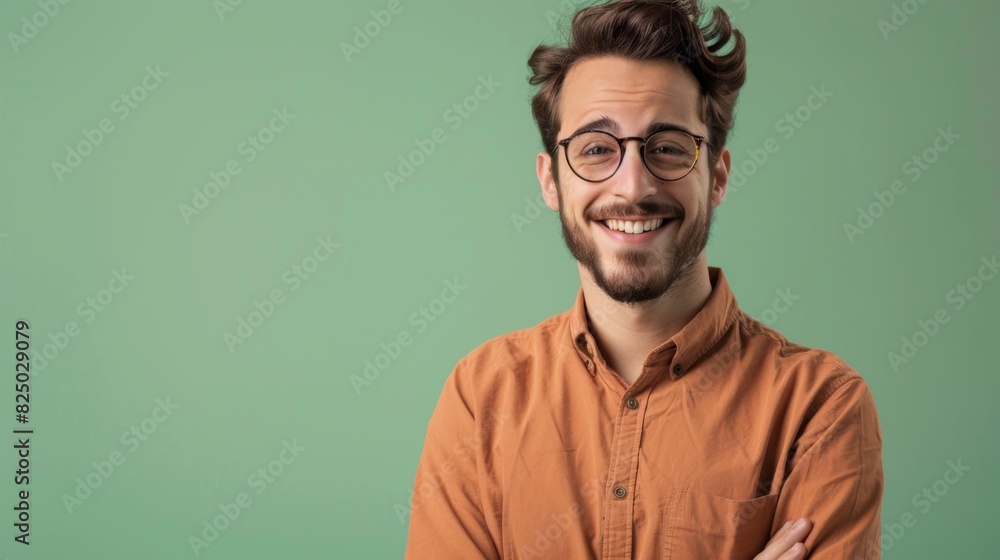 a handsome, smiling business guy wearing a shirt and glasses, feeling confident, isolated on a light green background a handsome, smiling business guy wearing a shirt and glasses, feeling confident, isolated on a light green background