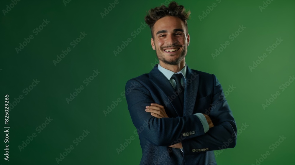 a handsome, smiling business guy wearing a suits, feeling confident with crossed arms, isolated on a green background a handsome, smiling business guy wearing a suits, feeling confident with crossed arms, isolated on a green background