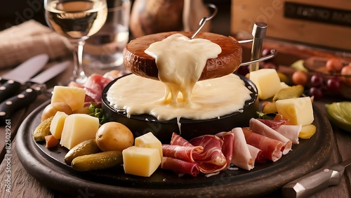 A mouth-watering food photograph showcasing a raclette dish