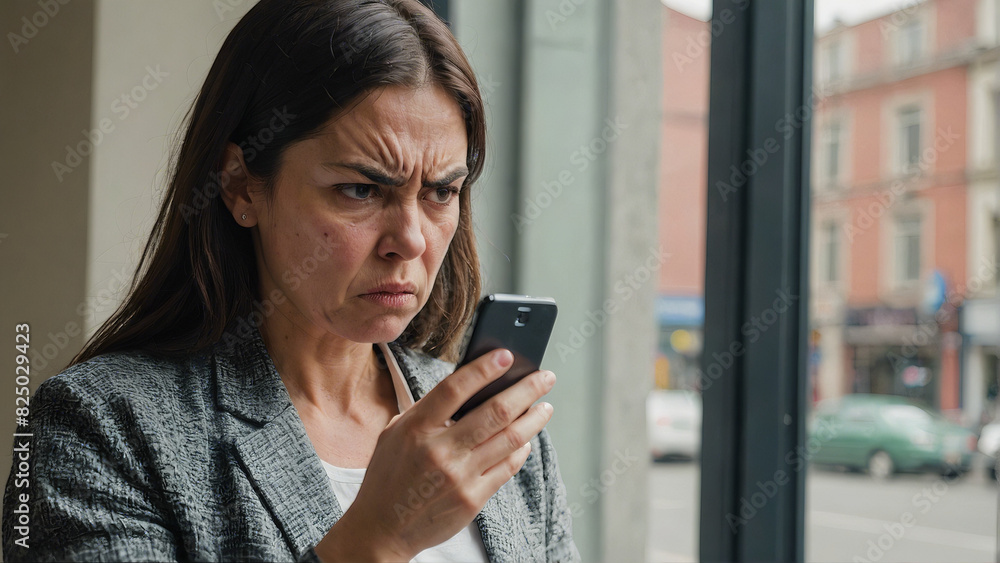 a serious woman with a smartphone a serious woman with a smartphone