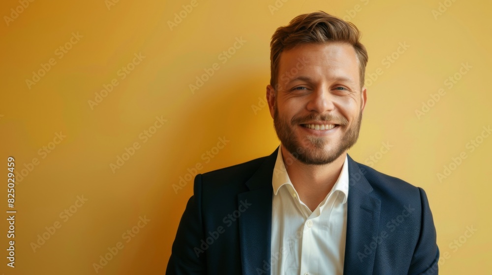 a smiling handsome businessman wearing a suit, feeling confident, isolated on a light yellow background. a smiling handsome businessman wearing a suit, feeling confident, isolated on a light yellow background.