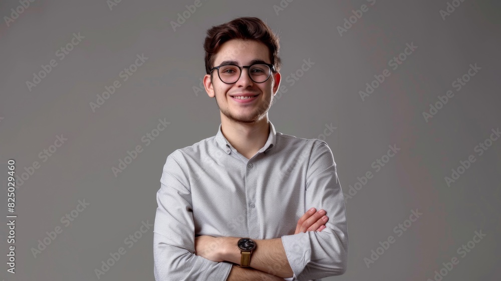 a young, handsome, smiling business guy wearing a shirt and glasses, feeling confident with crossed arms, isolated on a gray background a young, handsome, smiling business guy wearing a shirt and glasses, feeling confident with crossed arms, isolated on a gray background