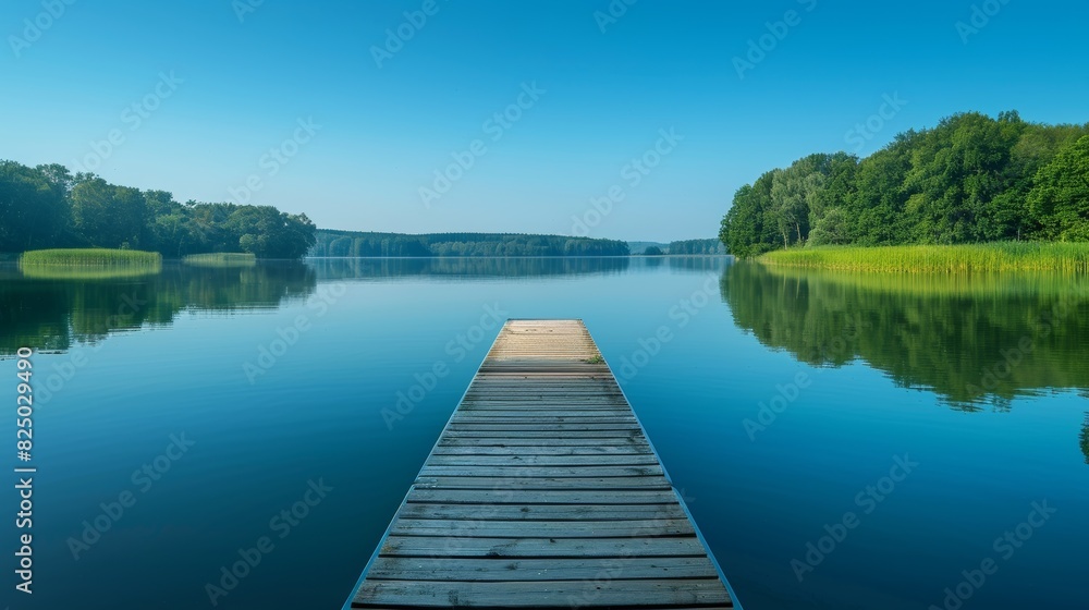 A serene image of a calm lake with a single, perfectly placed wooden dock extending into the water, framed by a clear, blue sky, evoking a sense of peace and the elegance of unador