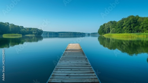 A serene image of a calm lake with a single, perfectly placed wooden dock extending into the water, framed by a clear, blue sky, evoking a sense of peace and the elegance of unador