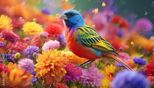 A birds A Painted Bunting bird surrounded be an explosion of colorful flowers,oiseau, perroquet, animal,branches, loriinae, perruche, oiseau, sauvage birds  photo