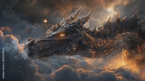 An epic dragon in the clouds, dark, foreboding colors, hyperrealistic animal illustrations, glistening, energy filled illustrations, dark gray and dark amber, mystical portraits photo