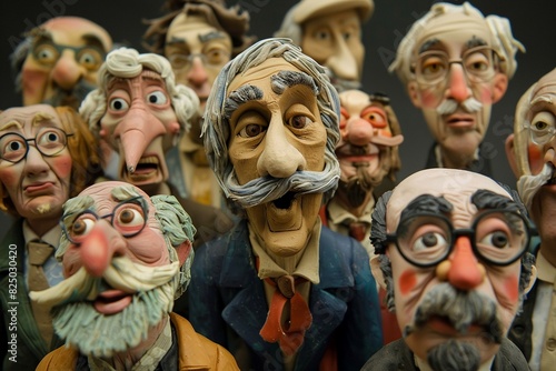 Intricately crafted plasticine clay puppets, each figure distinct facial features, diverse expressions, and varied attire. The mix of whimsical and realistic styles brings these characters to life.