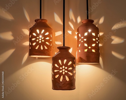 Light shines through the patterns slit of the terracotta chandeliers, glow from clay lamp creates a wonderful and warm reflection on the wall.
