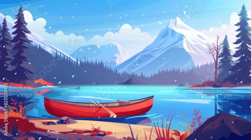 Water, a boat, pine trees silhouette, blue hills. Modern cartoon illustration of a canoe on a lake shore, forest, and mountains. photo