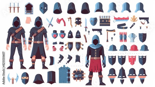 Kit of flat, cartoon male anatomy parts, skin types, clothing, accessories and wigs for DIY thieves, burglars, and robbers. Modern illustration.