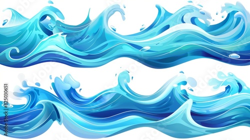 Horizontal waves in blue water, clipart composition of waves, stream of fresh clean water, as seen from the side