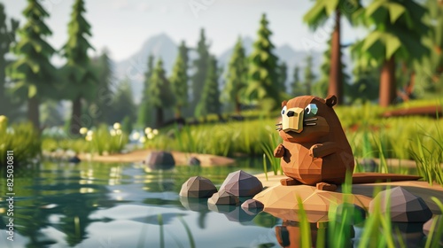 In the style of children-friendly cartoon animation fantasy generative AI 3D illustration, an adorable beaver stands in nature