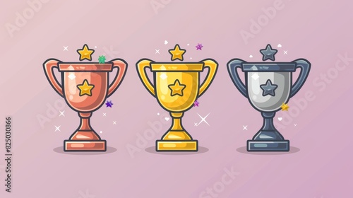 First place champion trophy cup in flat style. Modern flat outline icon set. Gold, silver, and bronze trophy cartoon icons.