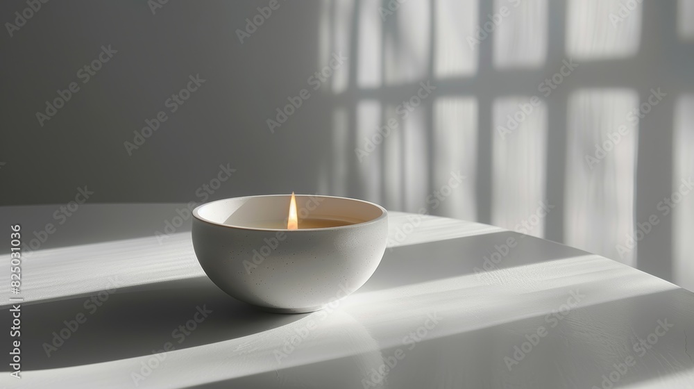 A single, unlit white candle in a minimalist holder, casting a soft shadow on a clean, white surface.