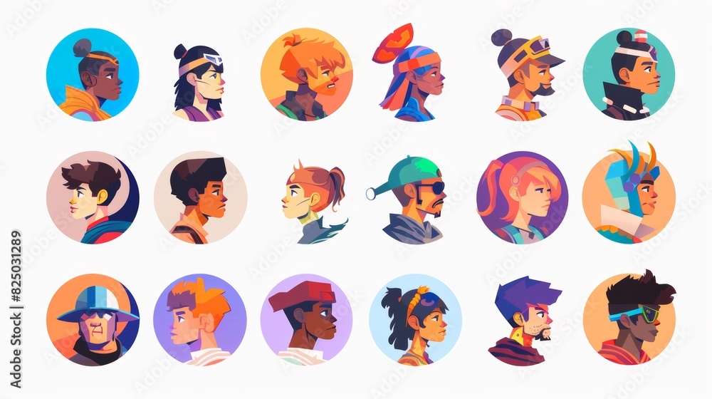 A collection of people's faces in round frames with white backgrounds. Modern illustrations in flat design style. A collection of people's faces in round frames with white backgrounds. Modern illustrations in flat design style.