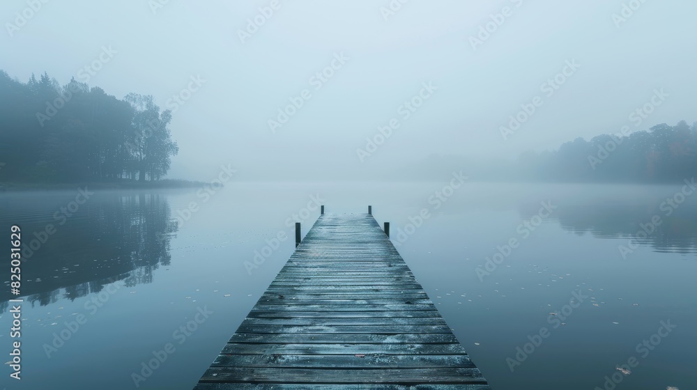 A solitary wooden pier extending into a calm lake, with no one around and soft light creating a peaceful, open feeling. A solitary wooden pier extending into a calm lake, with no one around and soft light creating a peaceful, open feeling.